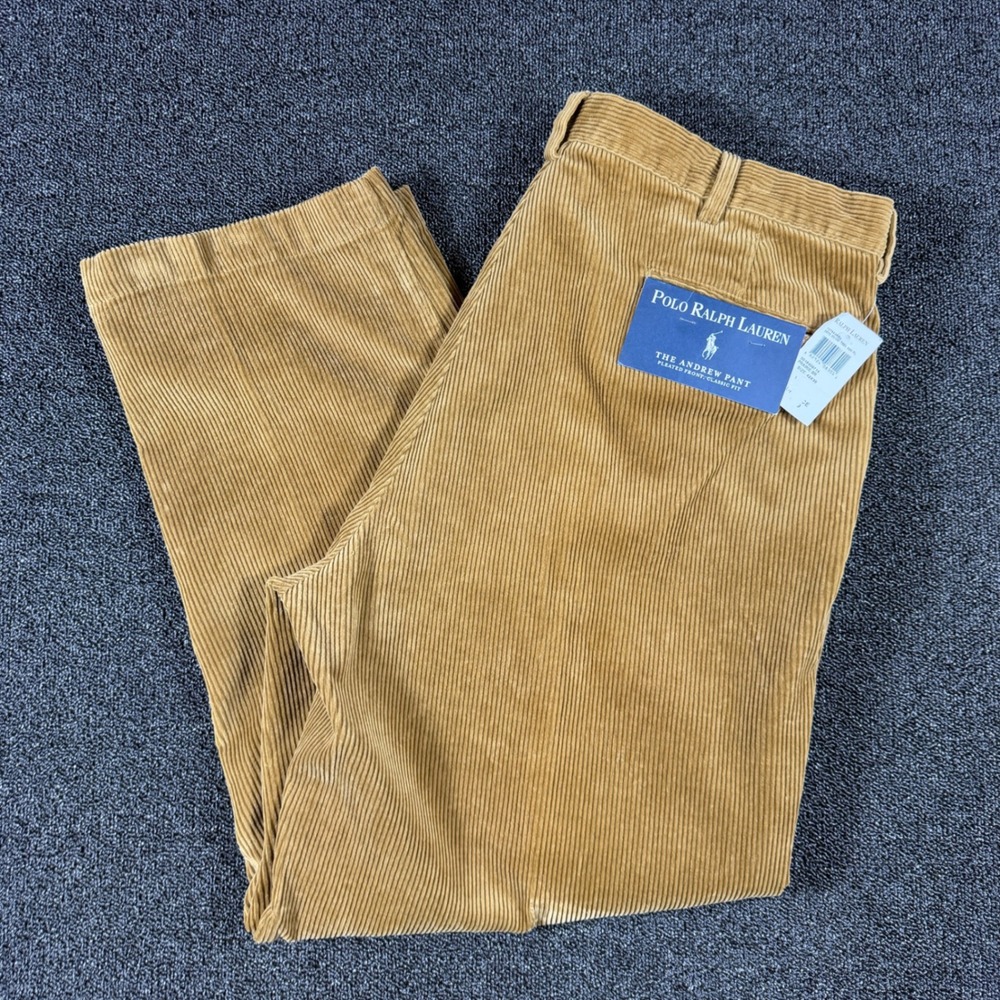 Vintage Polo Ralph Lauren Andrew Pant 42x30 Tan Corduroy Pleated Classic Fit NWT